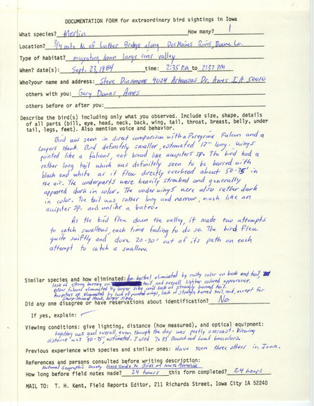Rare bird documentation form for a Merlin at Luther Bridge over the Des Moines River in Boone County, IA on September 23, 1984.