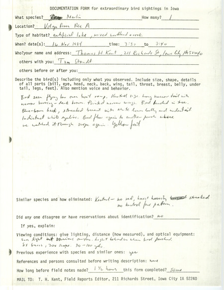 Rare bird documentation form for a Merlin at Volga River Recreation Area in Fayette County, IA on November 16, 1984.