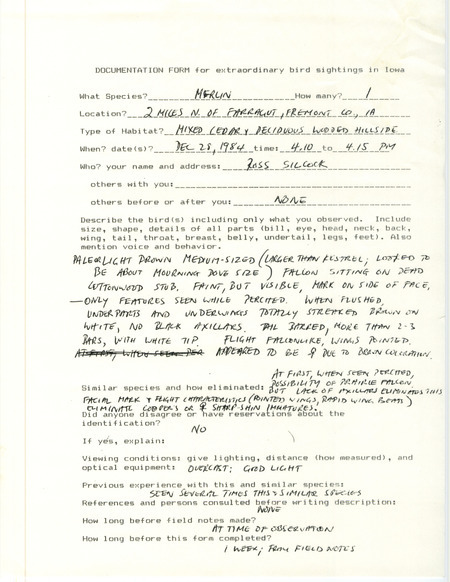 Rare bird documentation form for a Merlin at Farragut in Fremont County, IA on December 28, 1984.