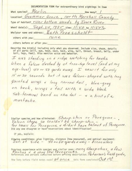 Rare bird documentation form for a Merlin at Grammer Grove in Marshall County, IA on September 24, 1985.