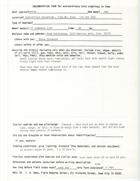Rare bird documentation form for a Merlin at Saylorville Reservoir in Polk County, IA on November 27, 1986.