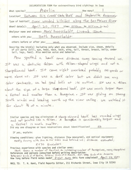 Rare bird documentation form for a Merlin between Big Creek State Park and Saylorville Reservoir in Polk County, IA on April 20, 1987.