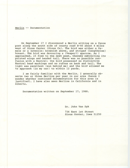Rare bird documentation form for a Merlin west of Sioux Center in Sioux County, IA on September 17, 1988.