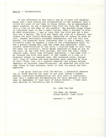 Rare bird documentation form for a Merlin at Sioux Center in Sioux County, IA on January 1, 1989.