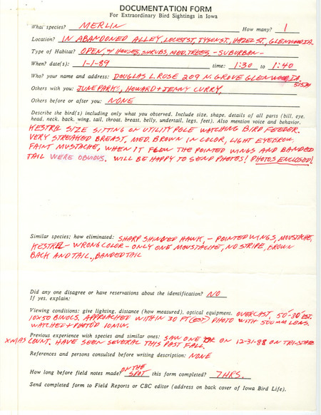 Rare bird documentation form for a Merlin at Glenwood in Mills County, IA on January 1, 1989.
