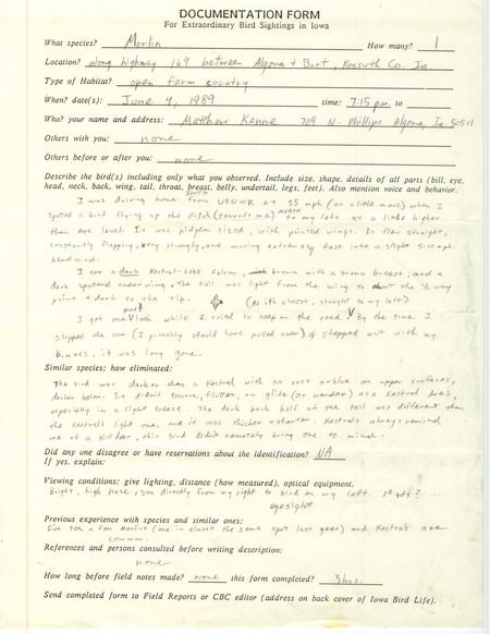 Rare bird documentation form for a Merlin along highway 169 between Algona and Burt in Kossuth County, IA on June 4, 1989.
