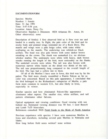 Rare bird documentation form for a Merlin at Ames in Story County, IA on January 31, 1991.