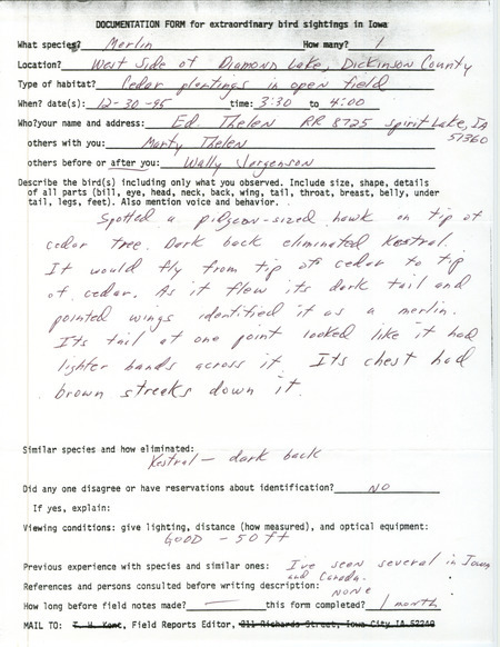 Rare bird documentation form for a Merlin at Diamond Lake in Dickinson County, IA on December 30, 1995.