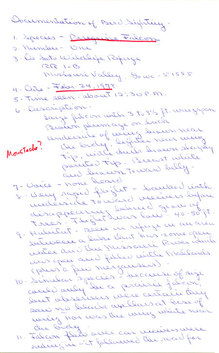 Rare bird documentation form for a Peregrine Falcon at De Soto Wildlife Refuge in Harrison County, IA on February 24, 1978.