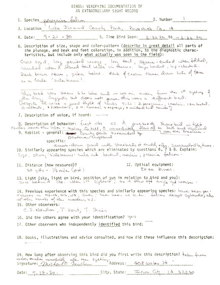 Rare bird documentation form for a Peregrine Falcon at Lake Diamond County Park in Poweshiek County, IA on September 21, 1980.