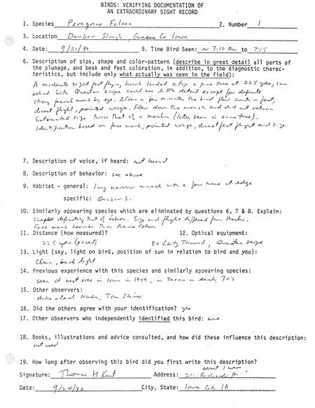 Rare bird documentation form for a Peregrine Falcon at Dunbar Slough in Greene County, IA on September 21, 1980.