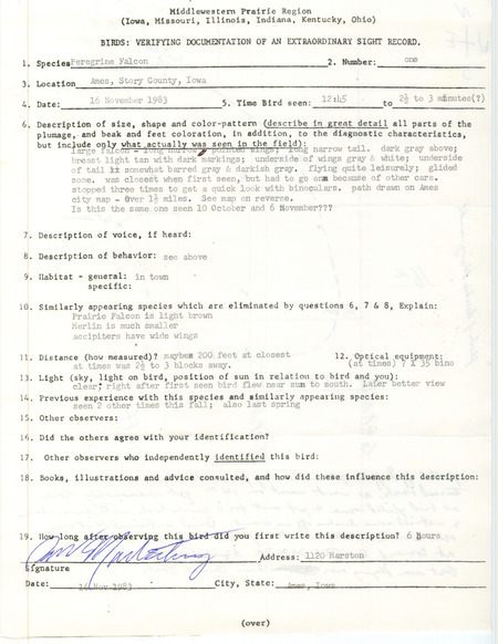 Rare bird documentation form for a Peregrine Falcon at Ames in Story County, IA on November 16, 1983.