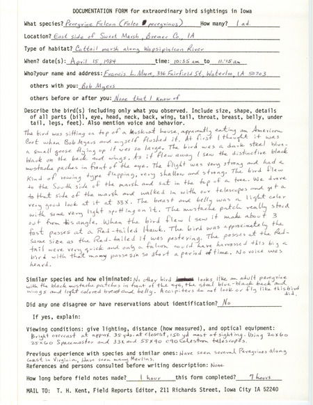 Rare bird documentation form for a Peregrine Falcon on the east side of Sweet March in Bremer County, IA on April 15, 1984.