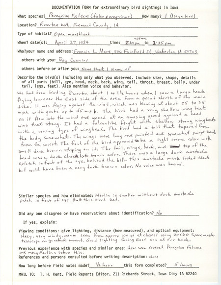 Rare bird documentation form for a Peregrine Falcon at Riverton Wildlife Area in Fremont County, IA on April 27, 1984.