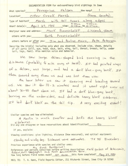 Rare bird documentation form for a Peregrine Falcon at Otter Creek March in Tama County, IA on April 29, 1984.