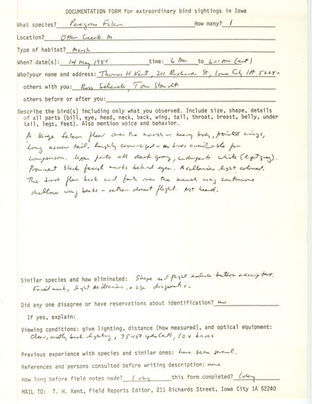 Rare bird documentation form for a Peregrine Falcon at Otter Creek March in Tama County, IA on May 14, 1984.