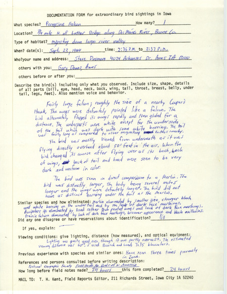Rare bird documentation form for a Peregrine Falcon at Luther Bridge along Des Moines River in Boone County, IA on September 23, 1984.