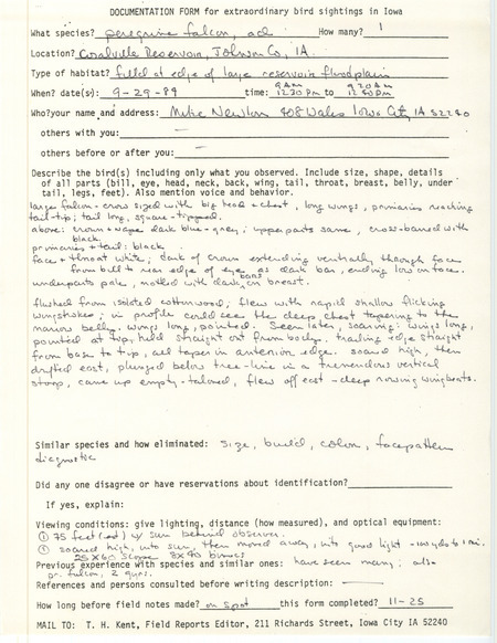Rare bird documentation form for a Peregrine Falcon at Coralville Reservoir in Johnson County, IA on September 29, 1989.