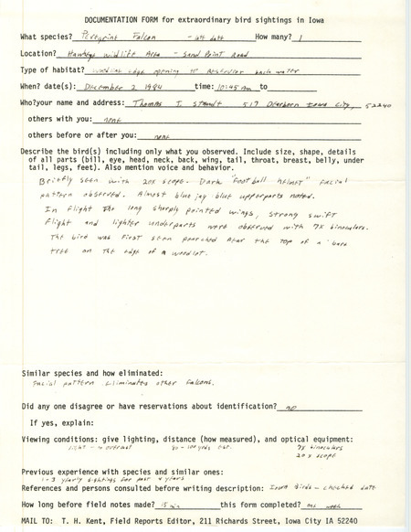 Rare bird documentation form for a Peregrine Falcon at Sand Point in Hawkeye Wildlife Area in Johnson County, IA on December 2, 1984.