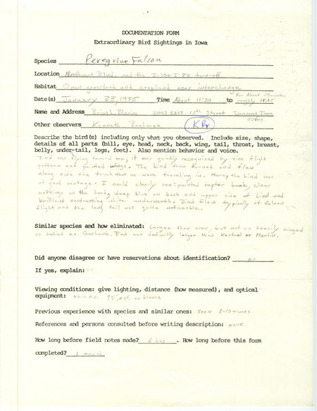Rare bird documentation form for a Peregrine Falcon at the interchange of IA-130 and Interstate 80 in Davenport in Scott County, IA on January 23, 1985.