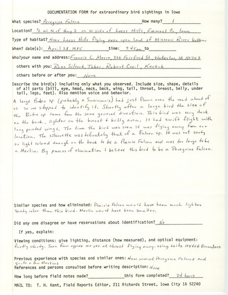 Rare bird documentation form for a Peregrine Falcon at Loess Hills in Fremont County, IA on April 28, 1985.