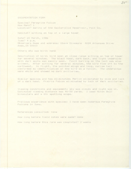 Rare bird documentation form for a Peregrine Falcon at Saylorville Reservoir in Polk County, IA on March 20, 1986.