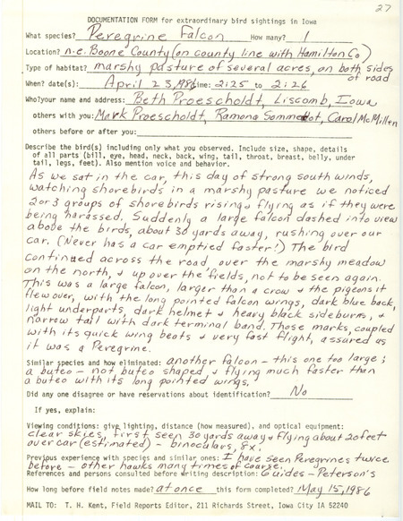 Rare bird documentation form for a Peregrine Falcon at northeast Boone County on county line with Hamilton County, IA on April 23, 1986.