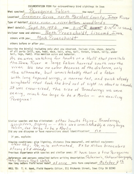Rare bird documentation form for a Peregrine Falcon at Grammer Grove in Marshall County, IA on September 20, 1986.