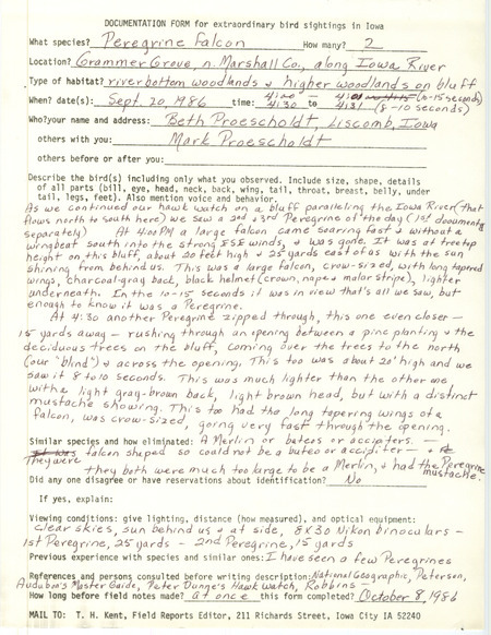 Rare bird documentation form for two Peregrine Falcons at Grammer Grove in Marshall County, IA on September 20, 1986.