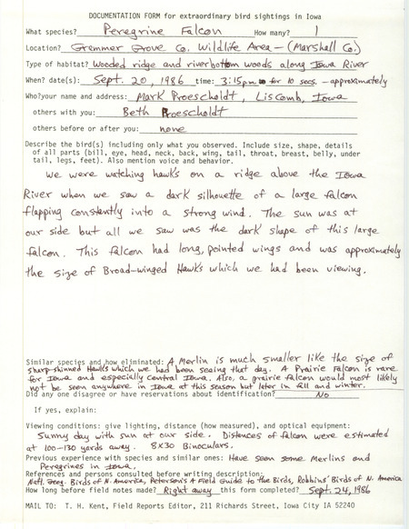 Rare bird documentation form for a Peregrine Falcon at Grammer Grove County Wildlife Area in Marshall County, IA on September 20, 1986.
