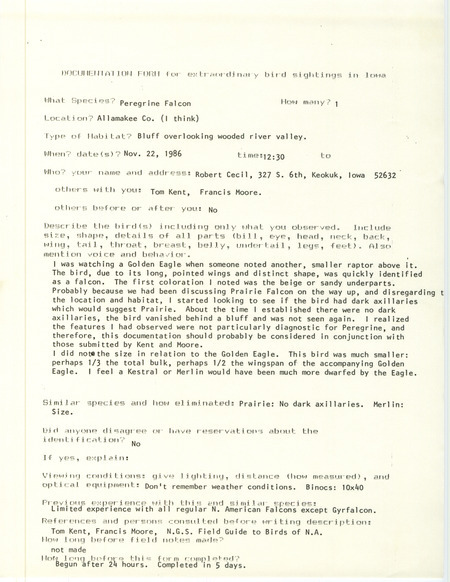Rare bird documentation form for a Peregrine Falcon at Allamakee County, IA on November 22, 1986.