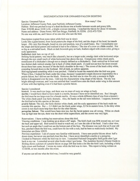 Rare bird documentation form for an unnamed Falcon (likely an immature Tundra Peregrine Falcon) at Jefferson County Park in Jefferson County, IA on September 30, 1988.