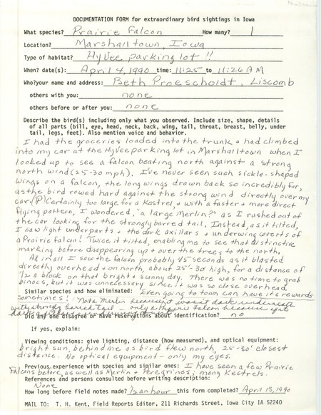 Rare bird documentation form for a Prairie Falcon at Marshalltown in Marshall County, IA on April 4, 1990.