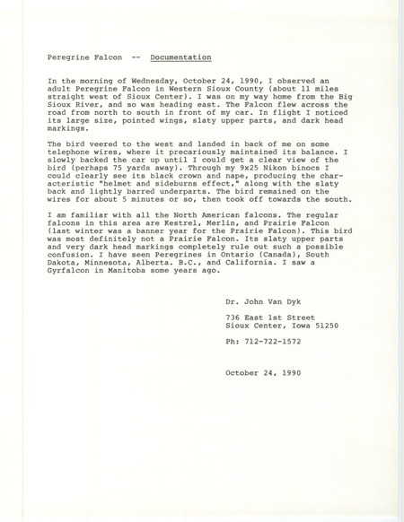 Rare bird documentation form for a Peregrine Falcon in Western Sioux County, IA on October 24, 1990.