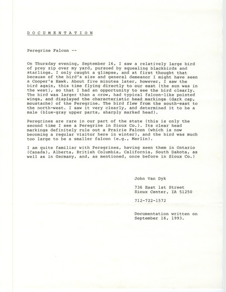 Rare bird documentation form for a Peregrine Falcon at Sioux Center in Sioux County, IA on September 16, 1993.