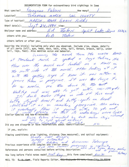 Rare bird documentation form for a Peregrine Falcon at Tomahawk March in Sac County, IA on September 24, 1994.