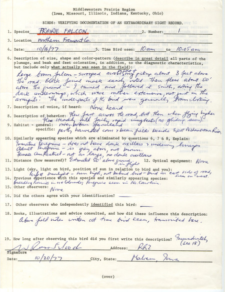 Rare bird documentation form for a Prairie Falcon at northern Fremont County, IA on October 16, 1977.