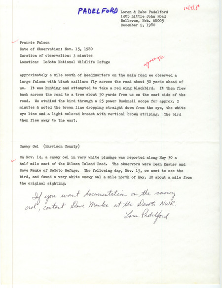 Rare bird sighting for a Prairie Falcon at DeSoto National Wildlife Refuge in Harrison County, IA on November 15, 1980 with additional species sighting information.