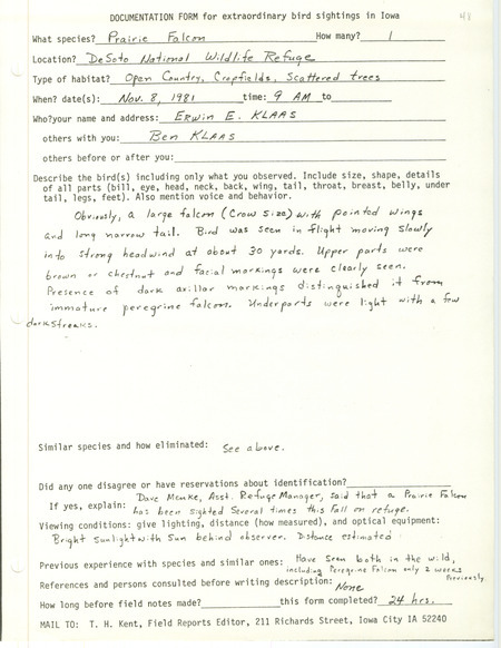 Rare bird documentation form for a Prairie Falcon at DeSoto National Wildlife Refuge in Harrison County, IA on November 8, 1981.