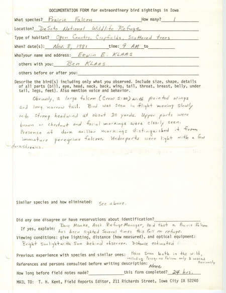 Rare bird documentation form for a Prairie Falcon at DeSoto National Wildlife Refuge in Harrison County, IA on November 8, 1981.