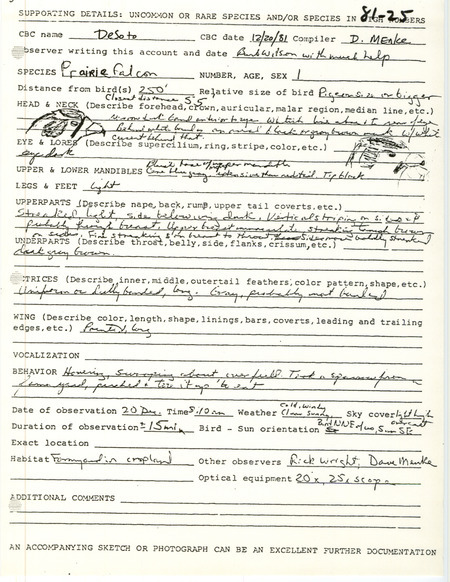 Rare bird documentation form for a Prairie Falcon at DeSoto National Wildlife Refuge in Harrison County, IA on December 20, 1981.