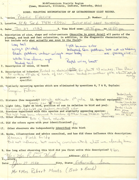 Rare bird documentation form for a Prairie Falcon at Twelve Mile Lake Township in Emmet County, IA on January 27, 1982.