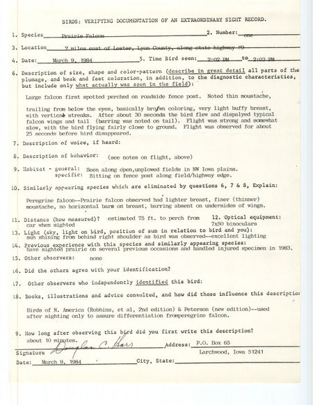 Rare bird documentation form for a Prairie Falcon east of Lester in Lyon County, IA on March 9, 1984.