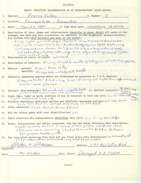 Rare bird documentation form for a Prairie Falcon at Forney's Lake in Fremont County, IA on March 25, 1984.