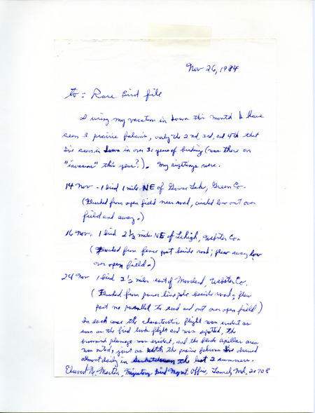Rare bird documentation form for several sightings of Prairie Falcons. First sighting is of a Prairie Falcon is at Goose Lake northeast of Greene County, IA on November 14, 1984. Second sighting of a Prairie Falcon is northeast Lehigh in Webster County, IA on November 16, 1984. Third sighting of a Prairie Falcon is east of Moorland in Webster County, IA on November 24, 1984.