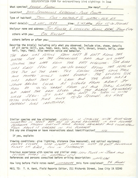 Rare bird documentation form for a Prairie Falcon at Saylorville Dam in Polk County, IA on November 3, 1989.