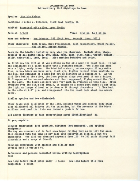 Rare bird documentation form for a Prairie Falcon east of Reinbeck in Black Hawk County, IA on March 1, 1989.