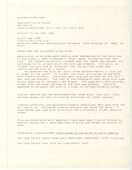 Rare bird documentation form for a Prairie Falcon at Big Creek State Park in Polk County, IA on September 5, 1988.