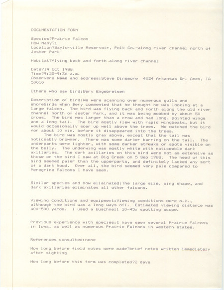 Rare bird documentation form for a Prairie Falcon at Saylorville Reservoir in Polk County, IA on October 14, 1988.