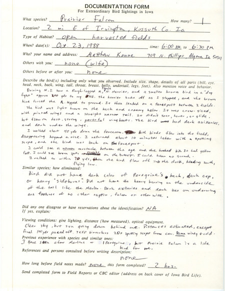 Rare bird documentation form for a Prairie Falcon east of Irvington in Kossuth County, IA on October 23, 1988.